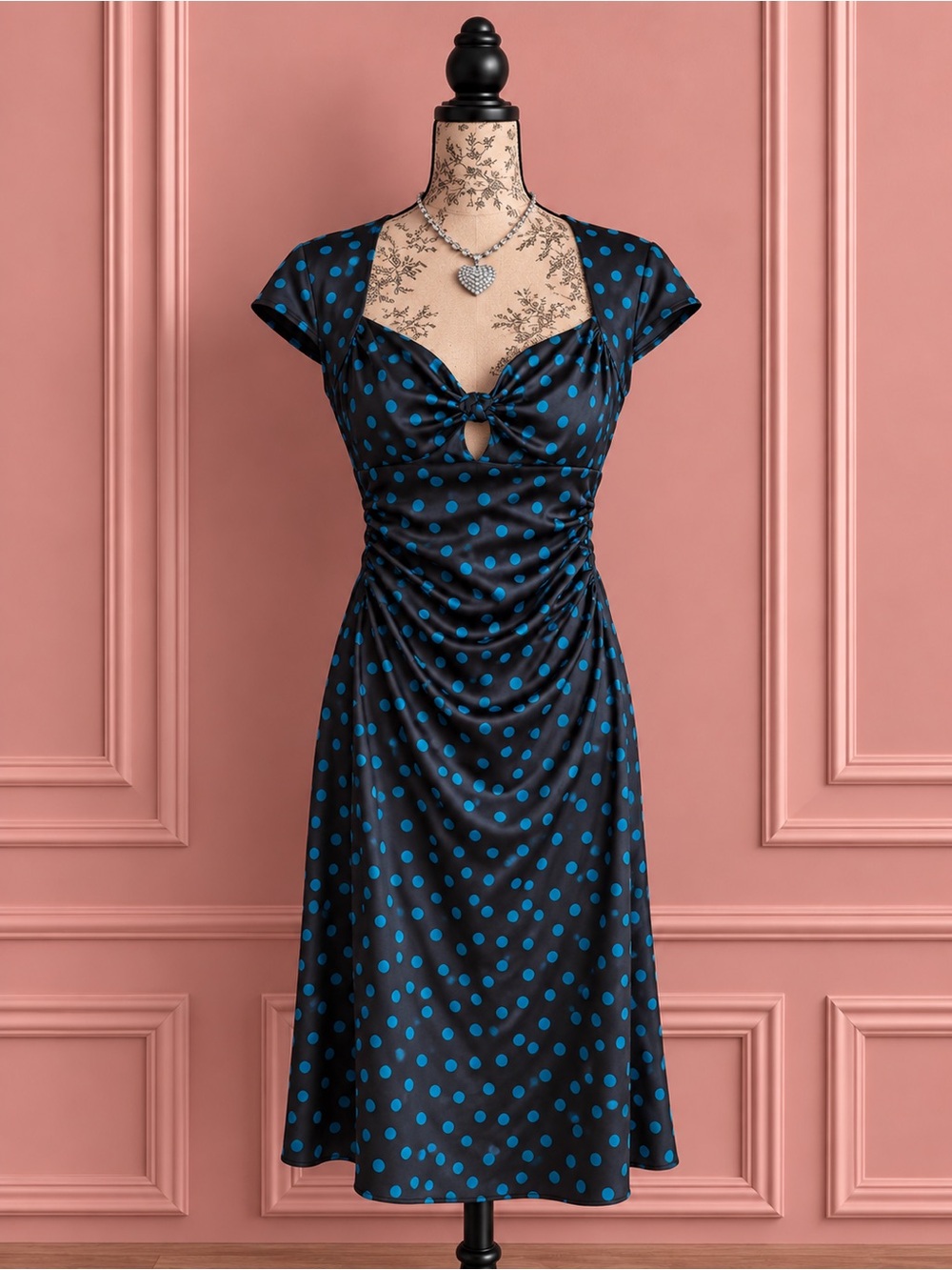 Y2K Le Château Black Dress with Blue Polka Dots Size S
